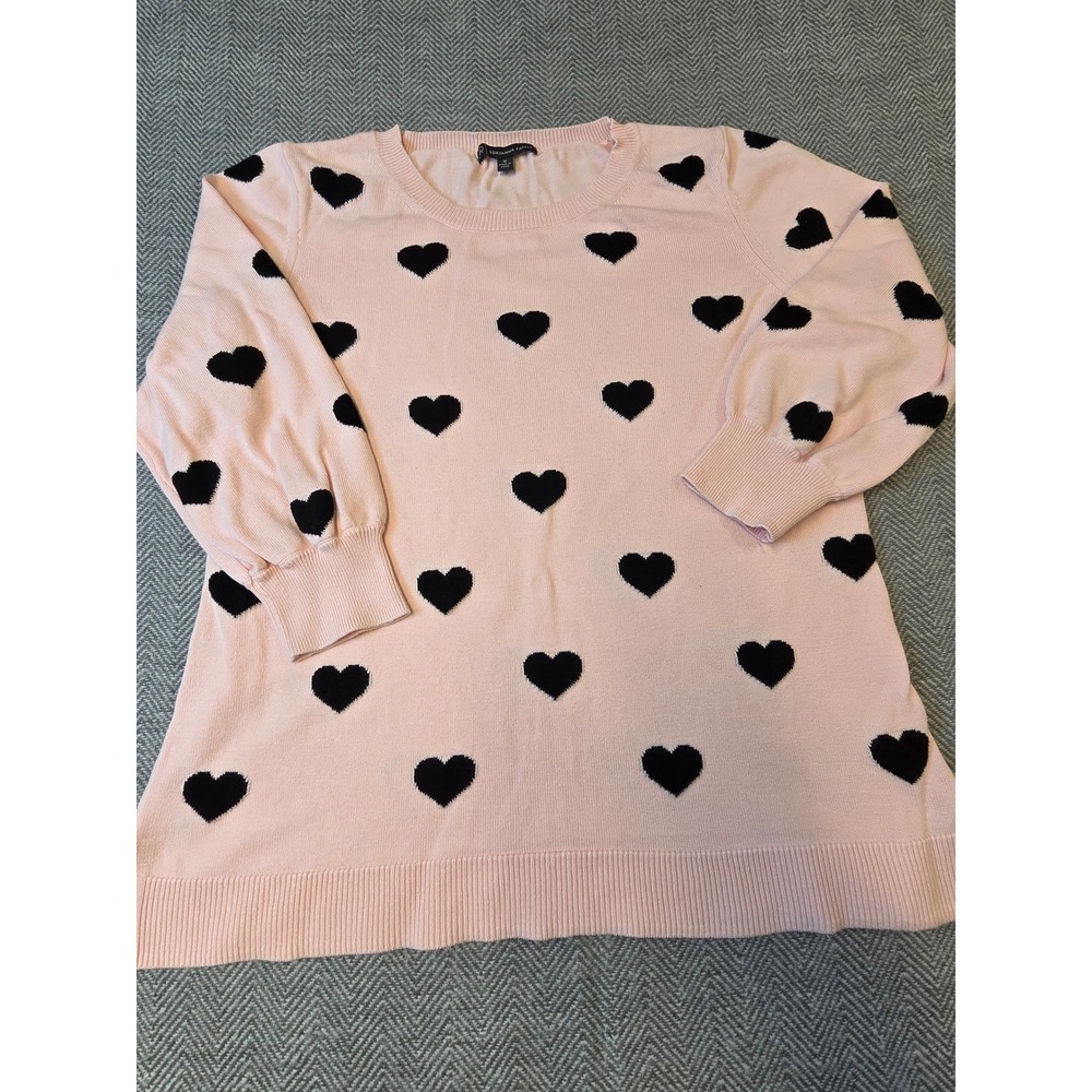 Adrianna Papell Sweater Women Medium Pink Heart Print Tight Knit 3/4 Puff Sleeve